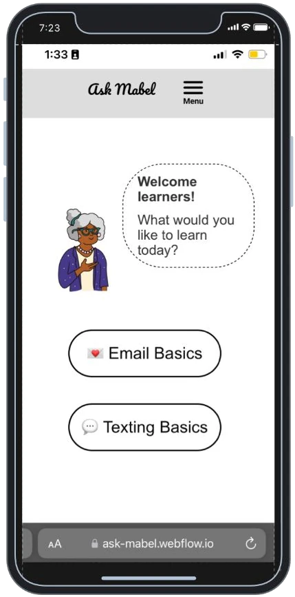 Lesson screen: Mabel says welcome learners, what would you like to learn today, with Email Basics and Texting Basics buttons