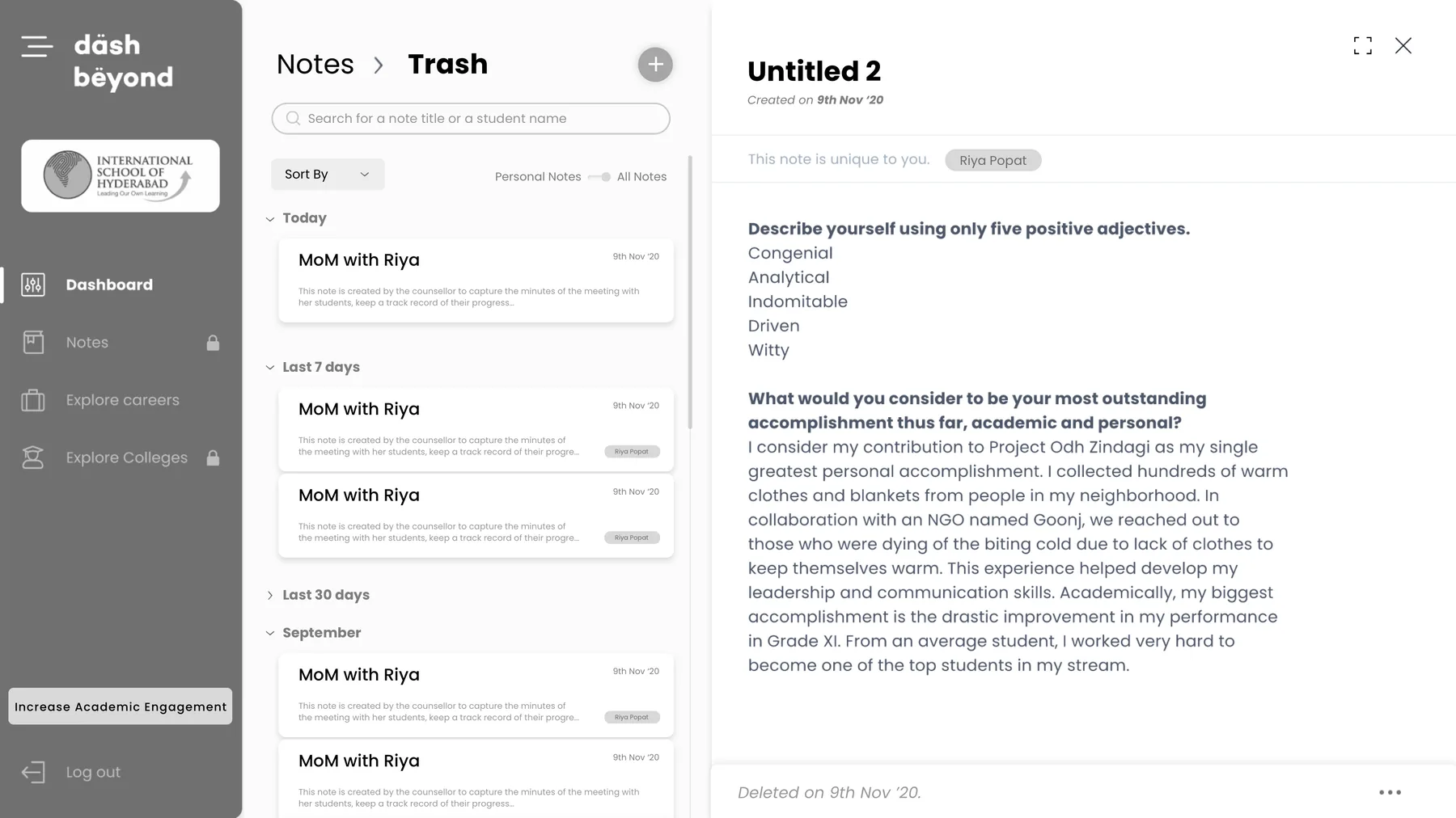Trash: deleted notes listed beside a deleted note's contents